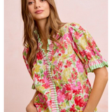 Flower Printed Woven Contrast Stripe Trim Blouse