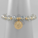 Coin Charm Faceted Bead Bracelet- Gray