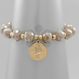 Coin Charm Faceted Bead Bracelet- Lite Brown