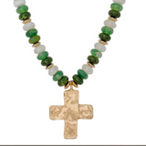 Hammered Cross Pendant Rondelle Bead Necklace – Green