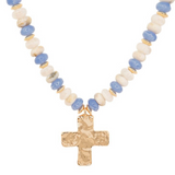 Hammered Cross Pendant Rondelle Bead Necklace – Blue