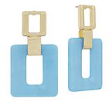 Double Square Metal & Resin Drop Earrings- Light Blue