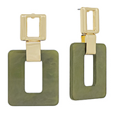 Double Square Metal & Resin Drop Earrings- Olive