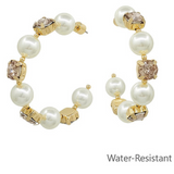 Brown Stone & 10mm Pearl Hoop Earrings