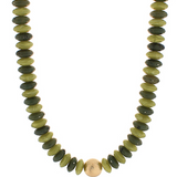 Olive Rondelle Bead & Gold Ball Necklace