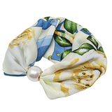 Pearl Magnet Floral Print Scarf Necklace Blue/Ivory