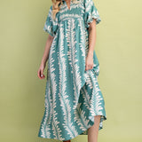 Printed Puff Sleeve Midi Dress – Dusty Mint & Cream