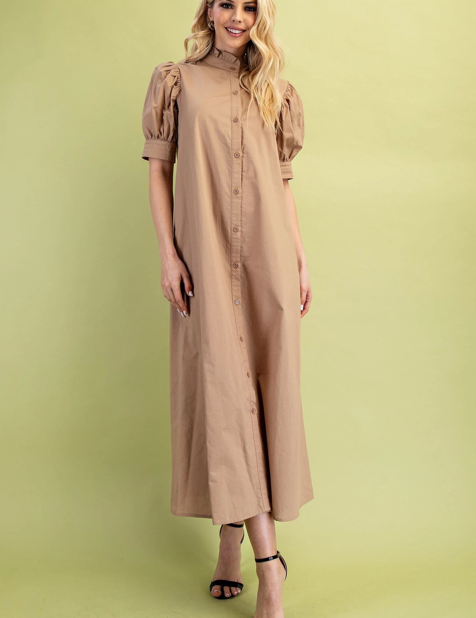Latte Button Down Midi Dress
