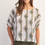Geometric Floral Printed Elastic Cuff Blouse