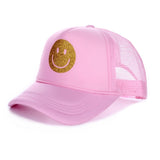 Pink Be Happy Glitter Smiley Face Trucker Cap