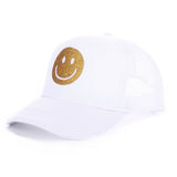 White Be Happy Glitter Smiley Face Trucker Cap