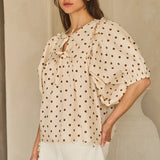 Polka Dot Ruffle Puff Sleeve Blouse – Mocha Cream