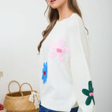 MULTI-COLOR CROCHET FLORAL DETAIL KNIT PULLOVER: BUTTER YELLOW MULTI