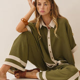 Olive Contrast Trim Button-Down Top & Wide-Leg Pants Set