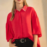 Plus Textured Red Short-Sleeve Blouse with Pearl Collar