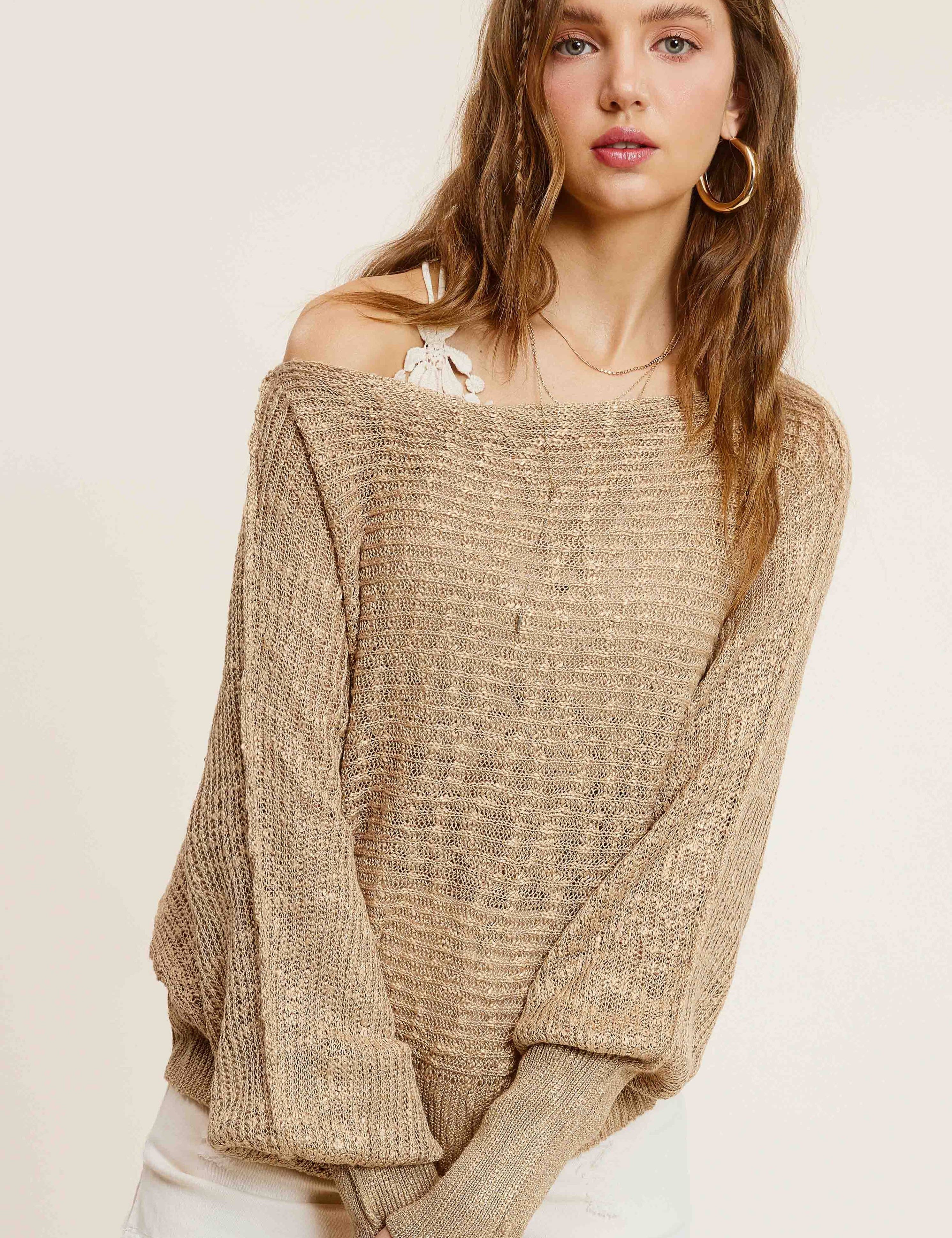 Wheat Lightweight Dolman Sleeve Boat Neck Sweater