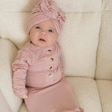 Newborn Clothing Baby Gown and 3 Bow Turban Hat - Dusty Rose