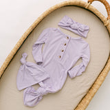 Newborn Knotted Baby Gown, Bow, Hat Set - Lavender
