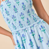 Blue Midi Smocking Dress With Side Seam Pocket