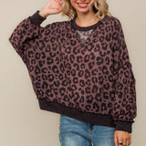 Leopard Print Waffle Knit Pullover Top | Oversized Long Sleeve Sweater