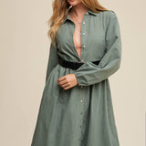 Green Button-Down Puff Sleeve Midi Dress