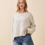 Grey Diamond Knit Sweater with Pink Trim