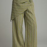 Olive Stripe Wide Leg Pants with Wrap Scarf Detail