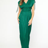 Emerald Satin Ruffle Maxi Dress