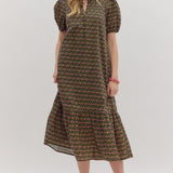 Floral Puff Sleeve Ruffle Hem Midi Dress