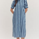 Blue Stripe Puff Sleeve Midi Dress