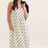 Polka Dot Midi Dress Set with Detachable Black Sweater