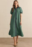 Green Navy Stripe Puff Sleeve Midi Dress