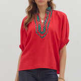 Plaid Contrast V-Neck Dolman Top