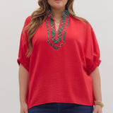 Curvy Plaid Contrast V-Neck Dolman Top