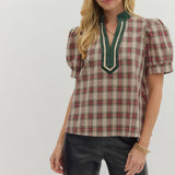 Plaid Puff Sleeve Contrast Top – Taupe