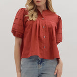 Pintuck Puff Sleeve Button Top
