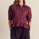 Ruffle Hem Puff Sleeve Button Top-Merlot