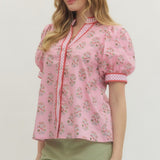 Floral Puff Sleeve Gingham Trim Top