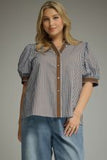 Blue Stripe Contrast Trim Puff Sleeve Top