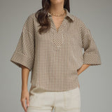 Brown Gingham Collared 3/4 Sleeve Top