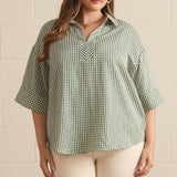 Hunter Green Gingham Collared 3/4 Sleeve Top