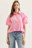 Ruffle Hem Puff Sleeve Button Top-Pink