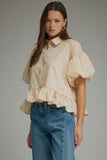 Ruffle Hem Puff Sleeve Button Top-Ecru