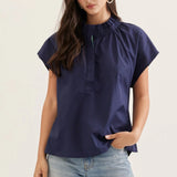 Navy Ruffle Mock Neck Cap Sleeve Top