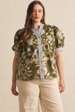 Olive Botanical Contrast Trim Puff Sleeve Top