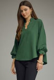 Scallop Trim Puff Sleeve Top - Hunter Green