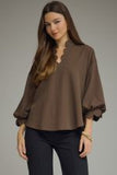 Scallop Trim Puff Sleeve Top - Brown