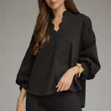 Scallop Trim Puff Sleeve Top - Black