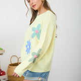 MULTI-COLOR CROCHET FLORAL DETAIL KNIT PULLOVER: BUTTER YELLOW MULTI