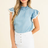 Denim Blue Flutter Sleeve Ruffle Top